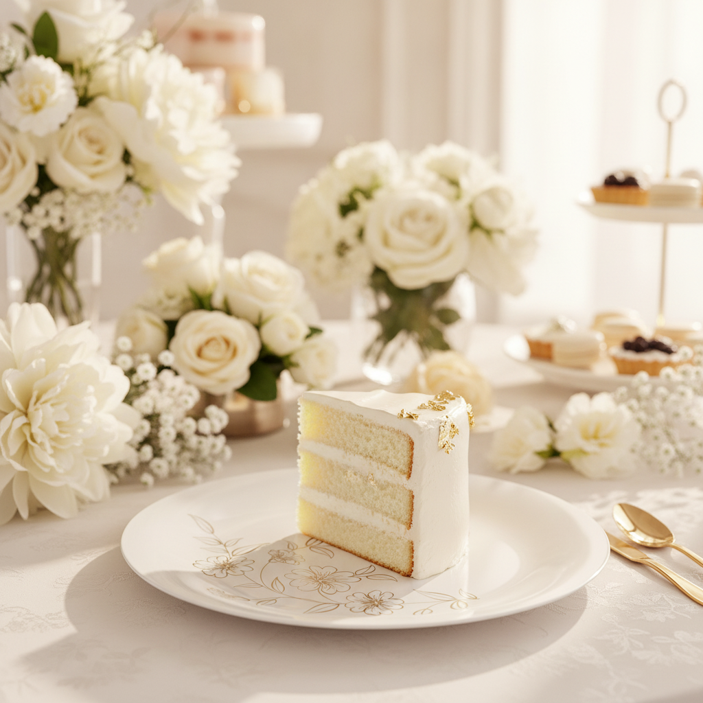 White gold-floral plastic plate with cake at a wedding dessert table