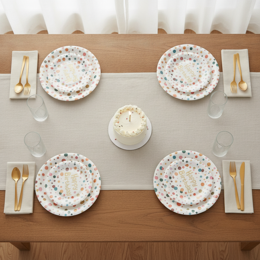 Overhead birthday tablescape with confetti Happy Birthday paper plates gold flatware and cake