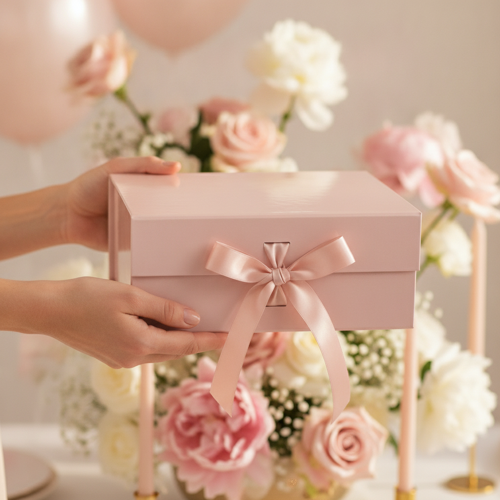 Hands presenting a blush pink magnetic gift box with ribbon at a celebration