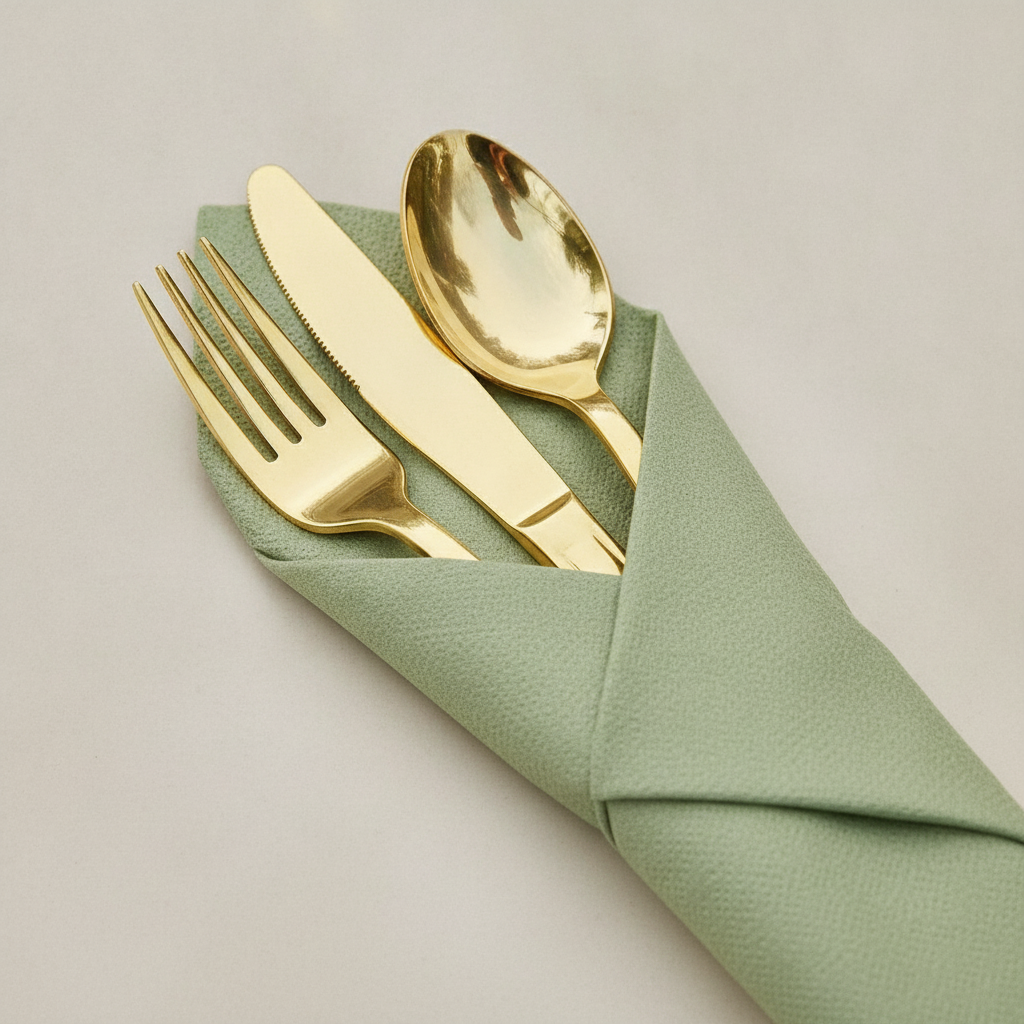 Close-up of gold plastic cutlery handles emerging from a folded sage green napkin roll