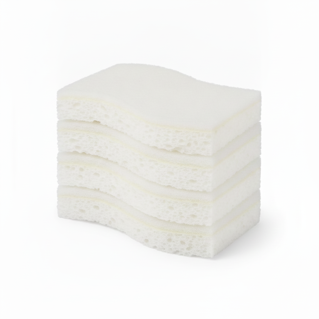 Stack of white dual-layer non-scratch cellulose scrub sponges on white