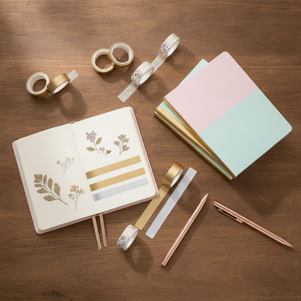 Overhead flat-lay of gold washi tape rolls and decorated journal page