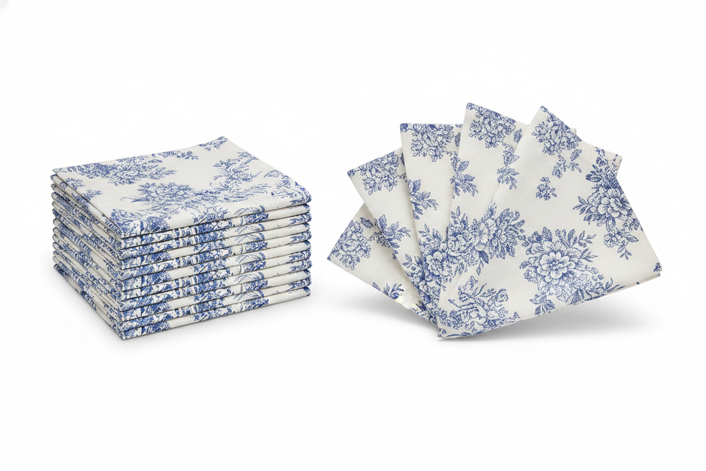 Blue toile country French cotton napkins, set of 12, folded stack and fan on white