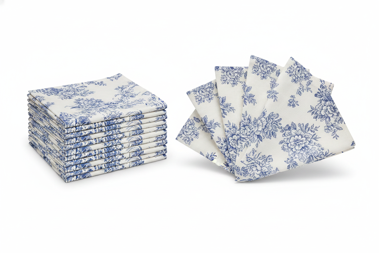 Blue toile country French cotton napkins, set of 12, folded stack and fan on white