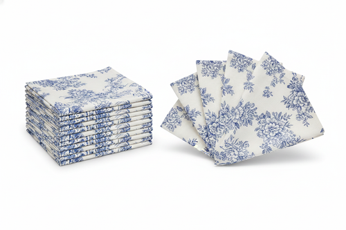 Blue toile country French cotton napkins, set of 12, folded stack and fan on white
