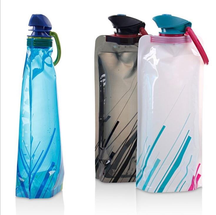 Foldable 700 ml water bottles in blue, black and white standing upright