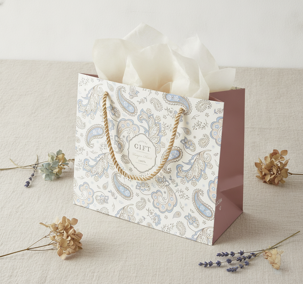 Hands presenting a paisley gift bag at a celebration table — Maison's Kitchen