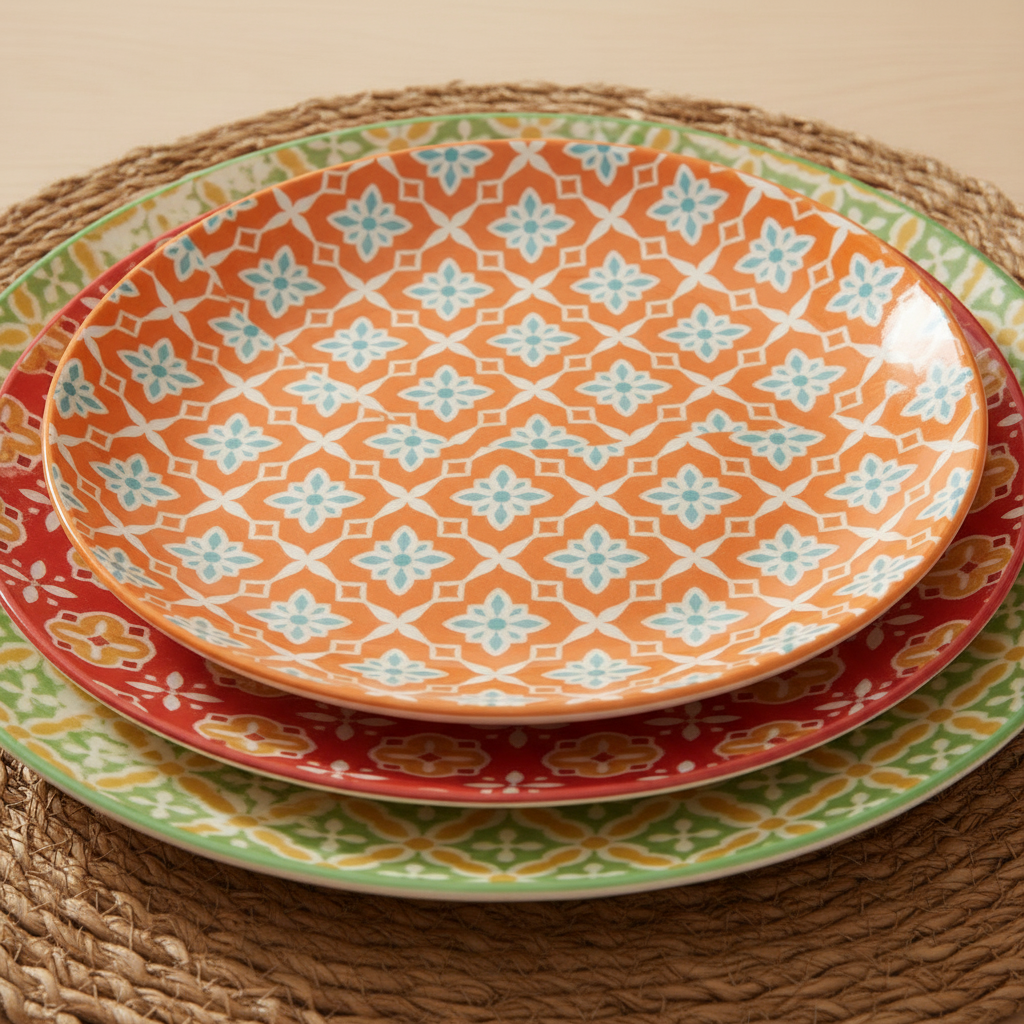 Macro detail of the glossy glazed ceramic surface and geometric tile pattern on a plate