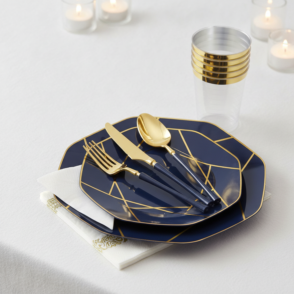 Place setting with navy octagonal gold-trim plastic plates, gold cutlery, cup and white napkin