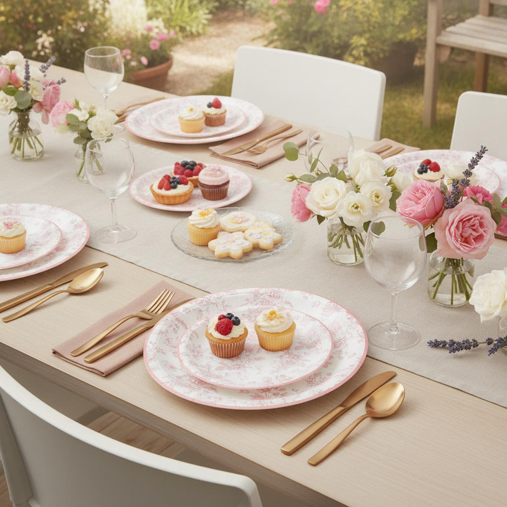 Garden tea-party table with pink wildflower toile paper plates and flowers
