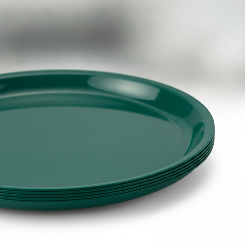 Macro close-up of forest green plastic party plate rim showing glossy heavyweight plastic edge