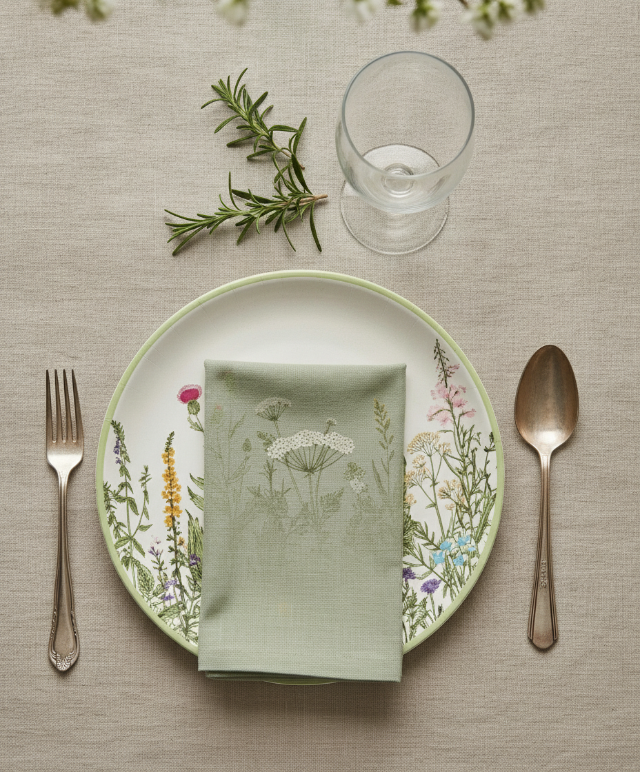 Botanical wildflower disposable paper party plate garden brunch place setting with sage napkin