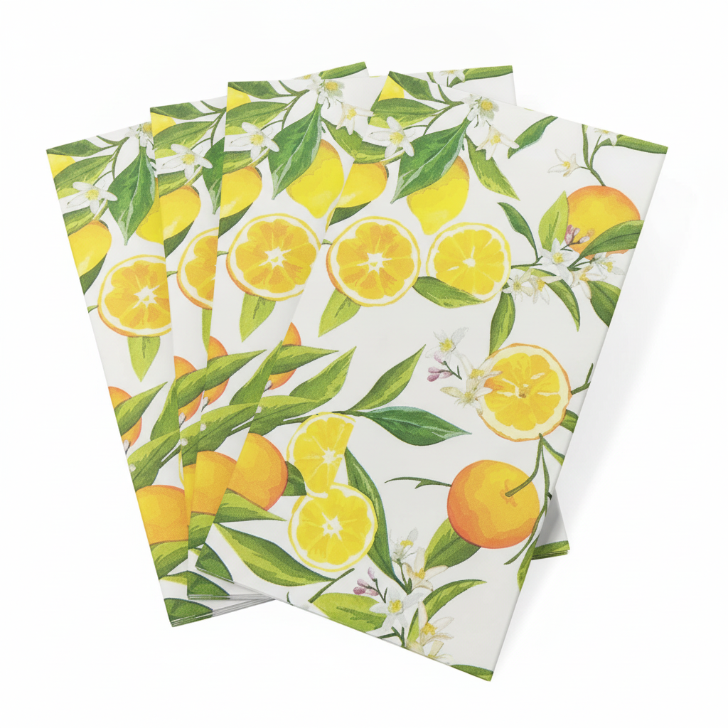 Close-up of watercolor lemon design on matte paper guest napkins