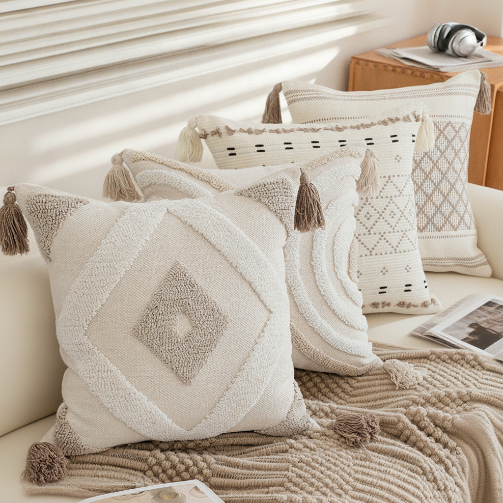 Two Trama cushions layered on a neutral sofa with a knit throw