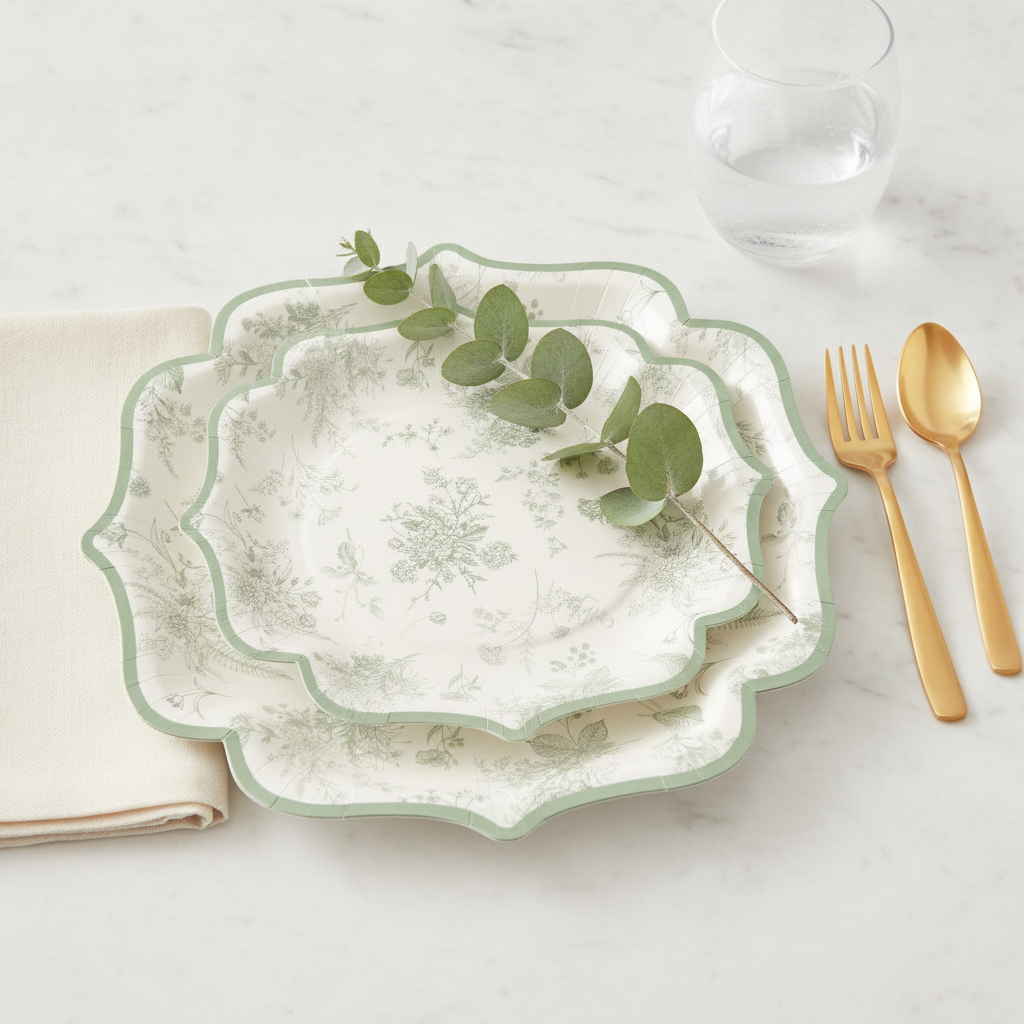 Sage green toile ornate paper plate place setting with gold cutlery and eucalyptus