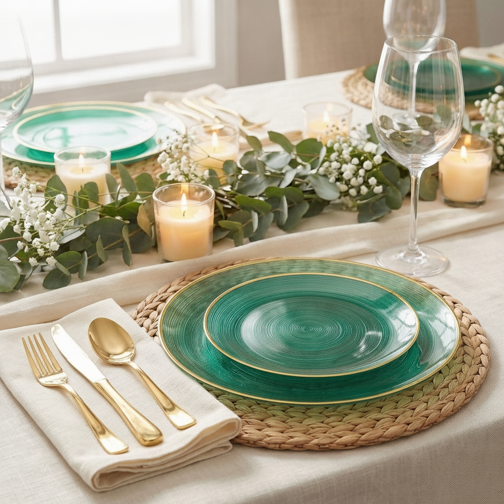 Emerald green gold-rim plate on a woven charger with gold cutlery and eucalyptus place setting