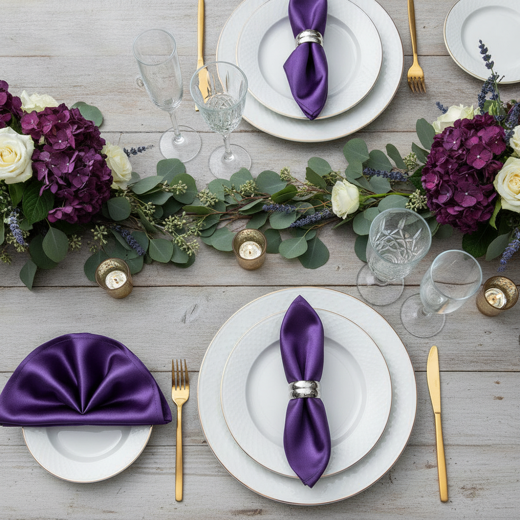 Purple satin napkins styled on a wedding tablescape with florals