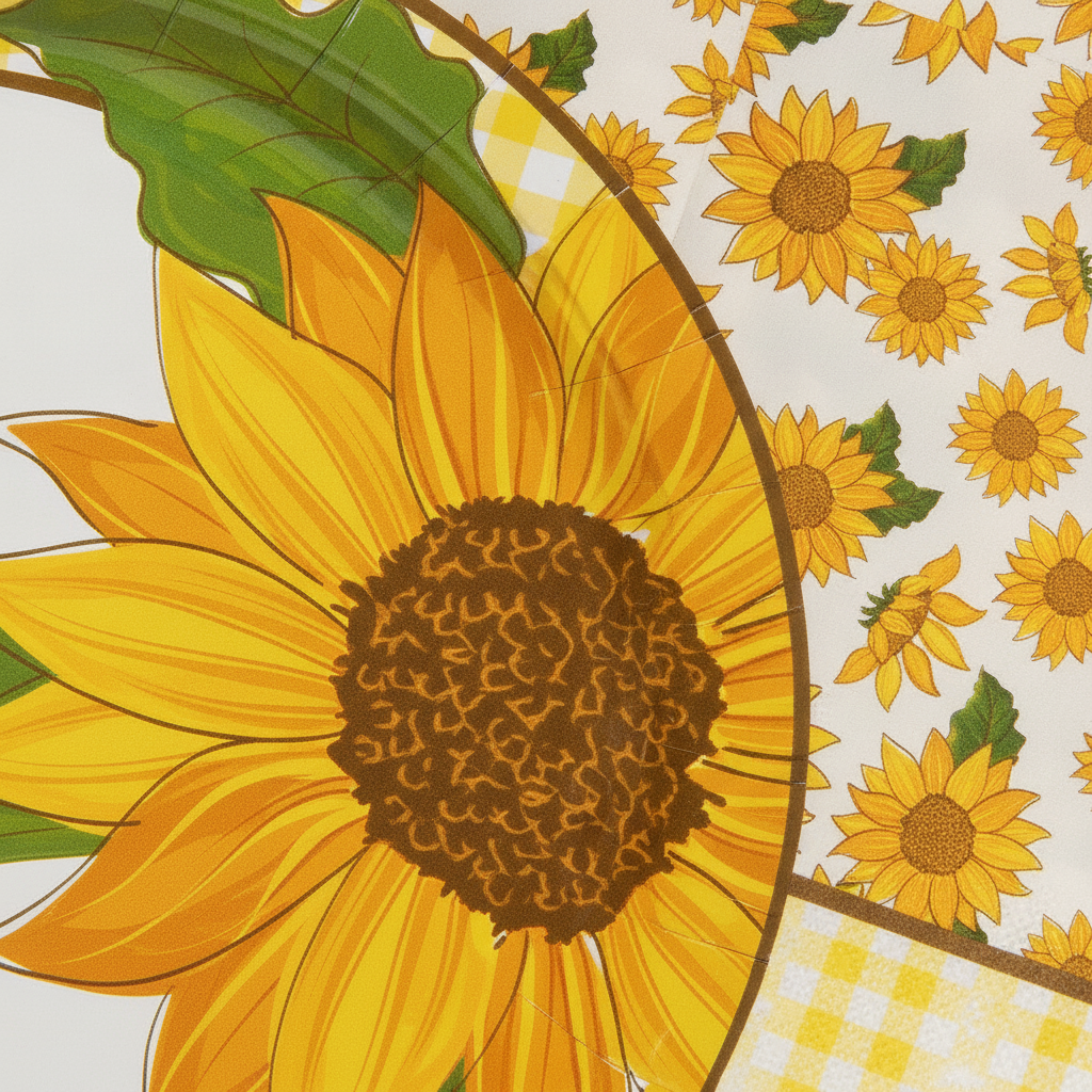 Macro close-up of matte paper sunflower plate rim and folded sunflower napkin