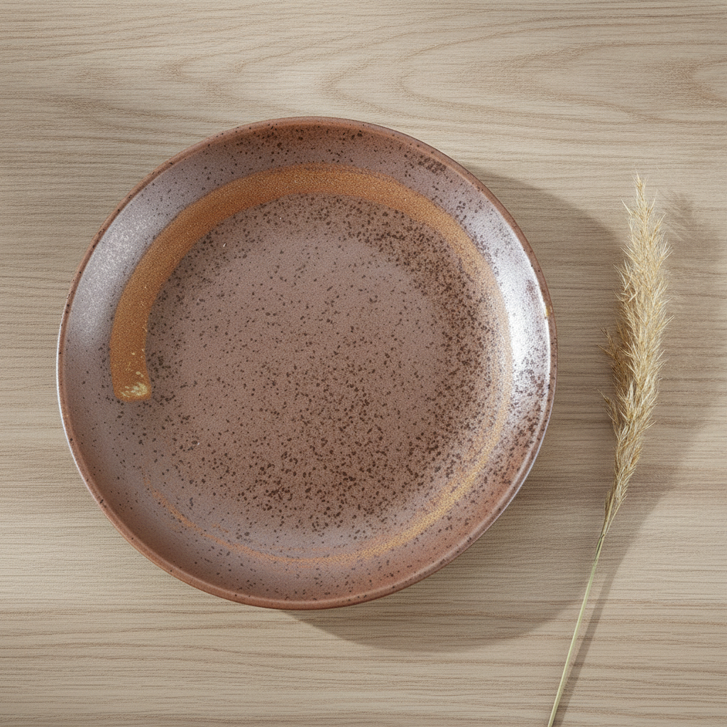 Japanese ceramic plate with warm brown speckled reactive glaze