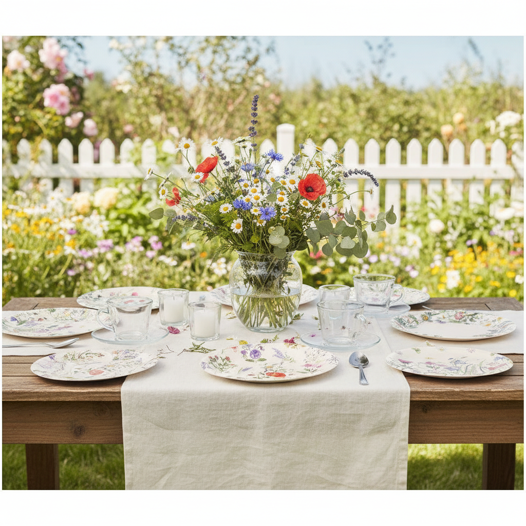Spring garden tea-party tablescape with wildflower floral paper plates