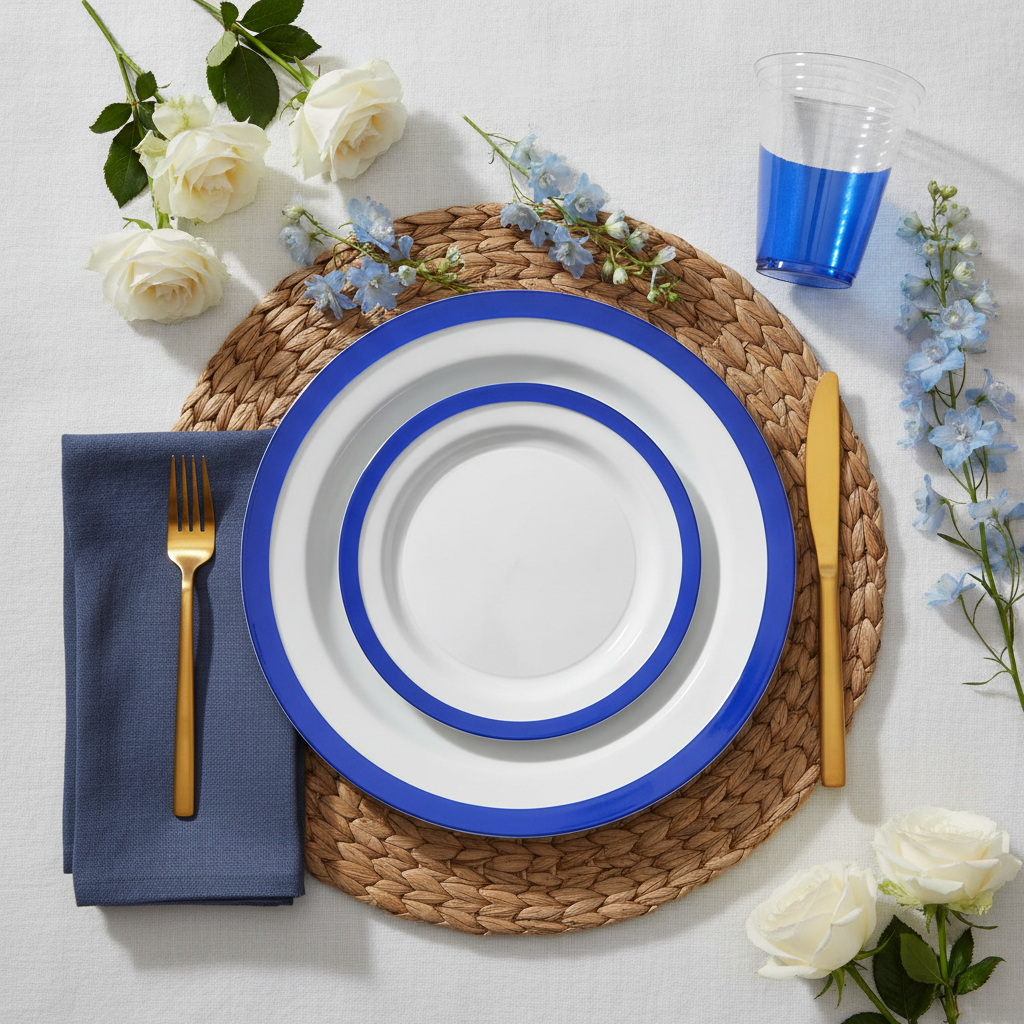 Overhead flat-lay of blue rim disposable plastic party plates with clear blue cup and gold cutlery