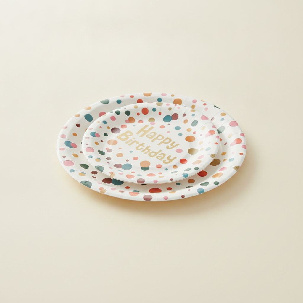 Happy Birthday confetti paper party plates in two nested sizes on a clean neutral studio background