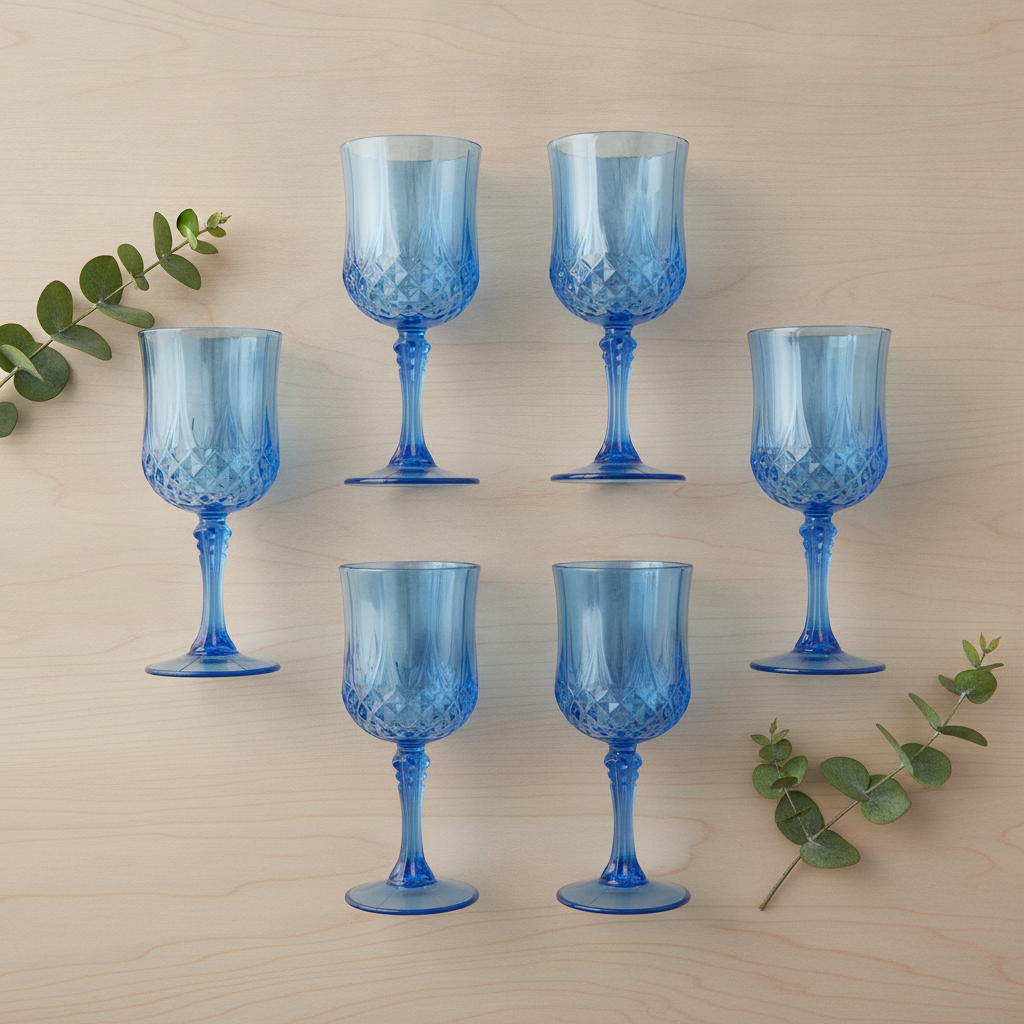Flat-lay of blue plastic vintage wine goblets on light wood with eucalyptus