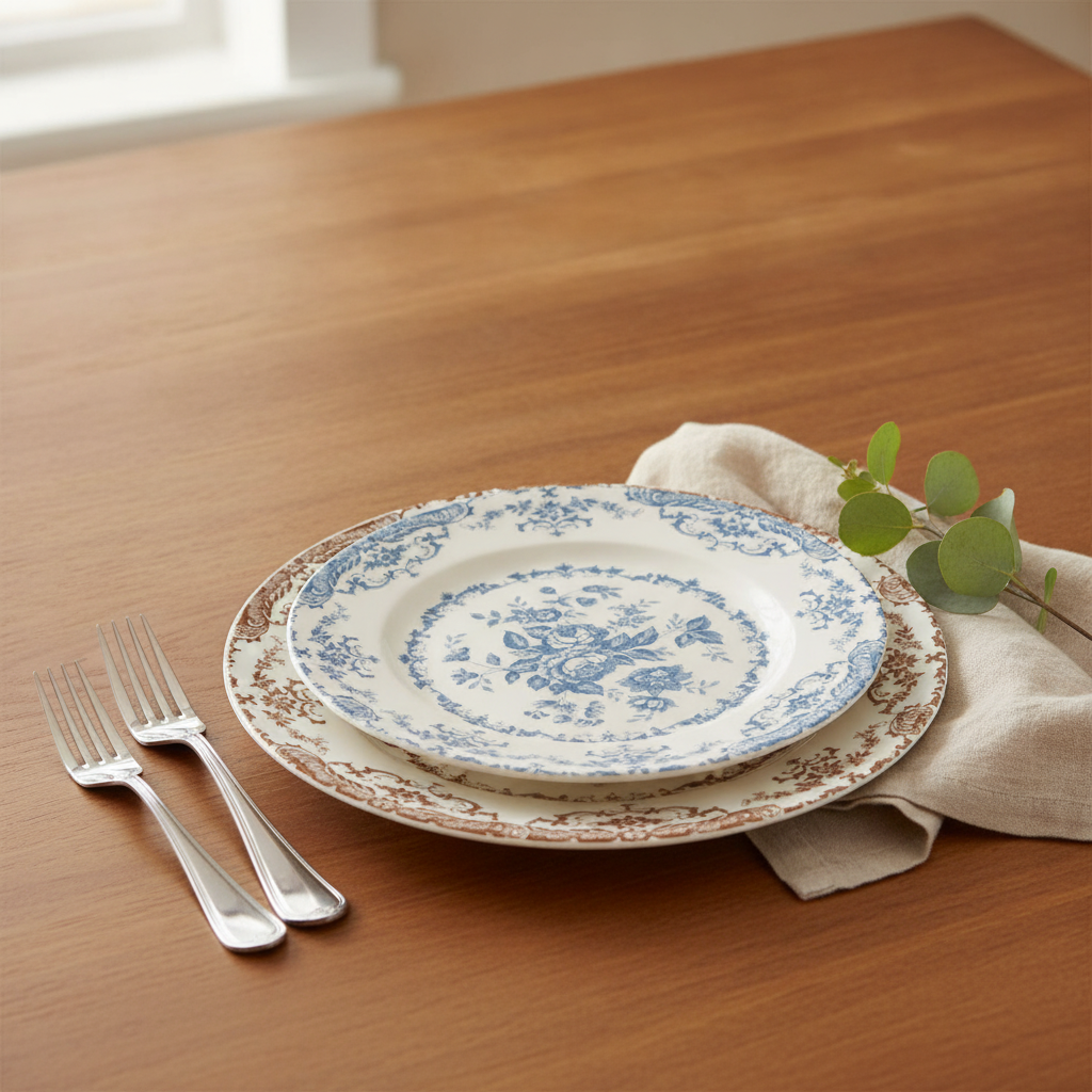 Place setting with stacked blue and brown toile floral porcelain salad plates on a wood table