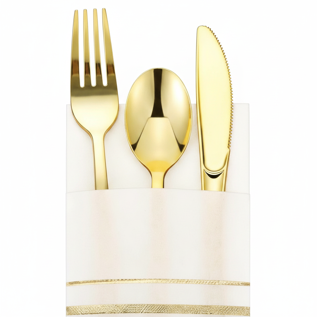Macro of a pre-rolled napkin bundle with gold band and gold plastic cutlery tip