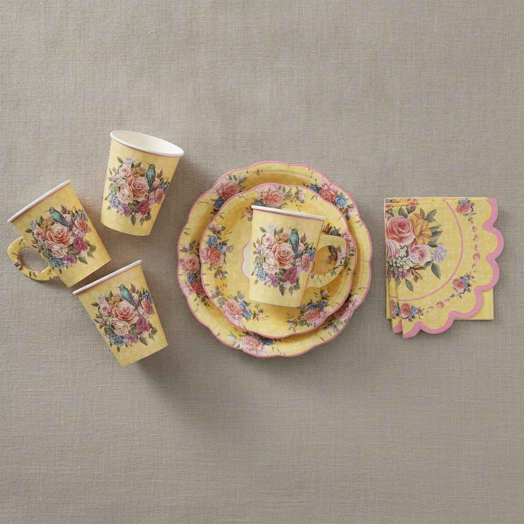 Yellow floral paper tea party set contents — floral teacups with handles, scalloped plates and matching napkins