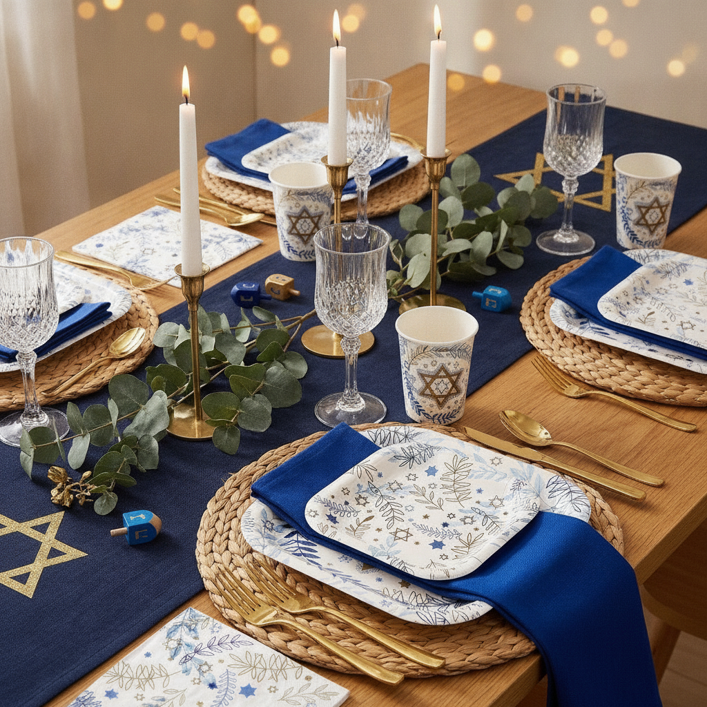 Festive Hanukkah dinner table with blue gold tableware and a lit menorah