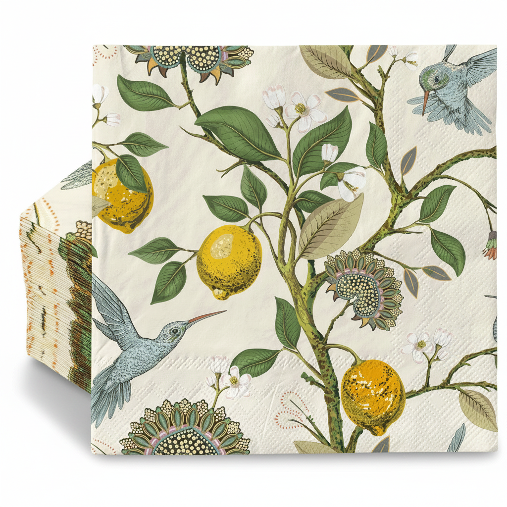 Fanned stack of cream lemon and blue bird botanical paper luncheon napkins on white