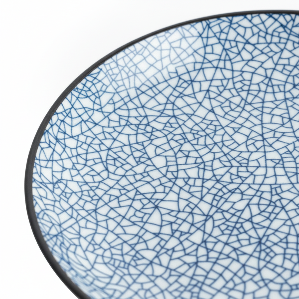 Macro close-up of the underglaze ice-crack texture sealed beneath glossy porcelain glaze