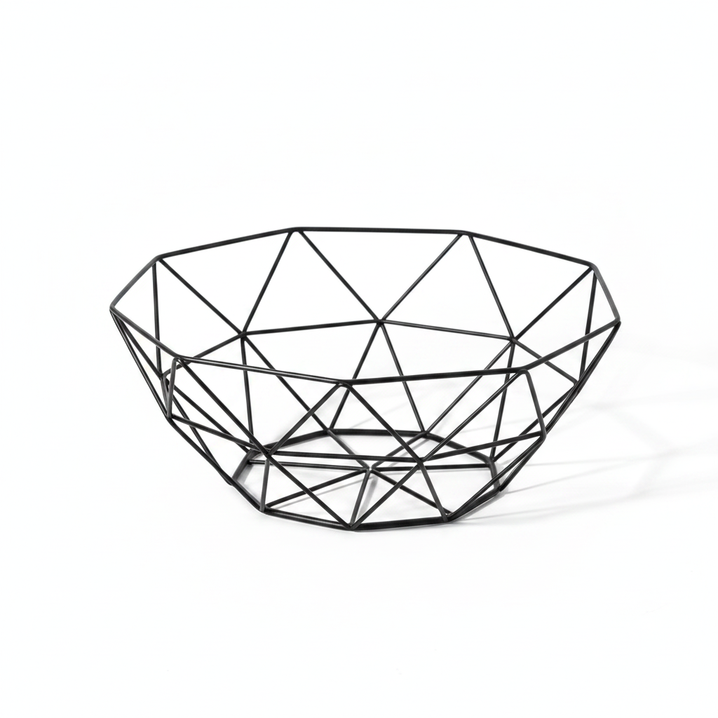 Black geometric wire fruit basket, empty, on a white background