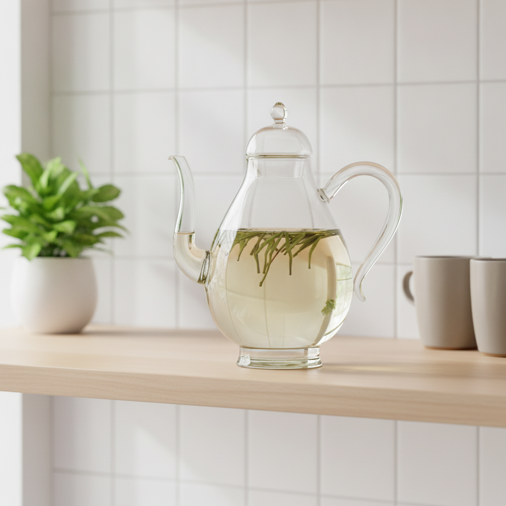 Clear glass teapot displayed on a light wood kitchen shelf