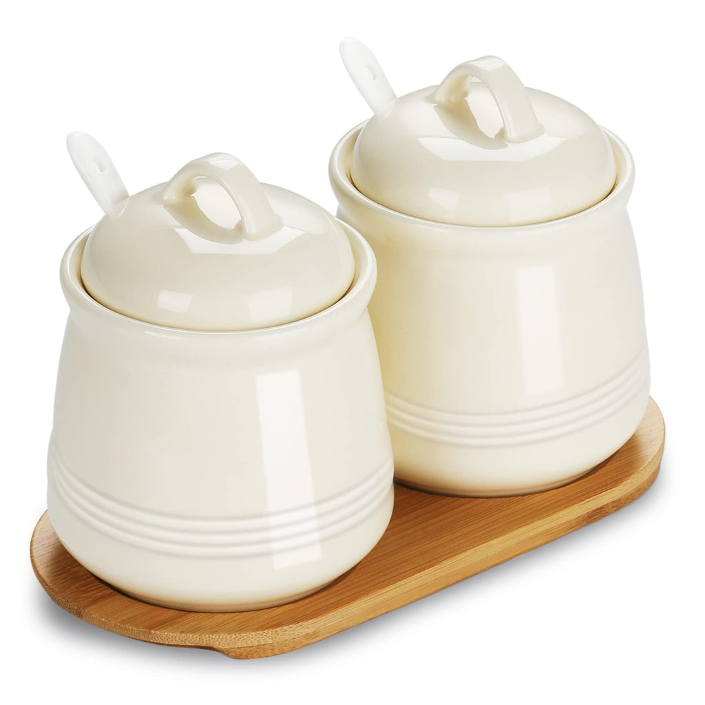 Porcelain Condiment Jars with Tray and Spoons, 12 oz, Set of 2