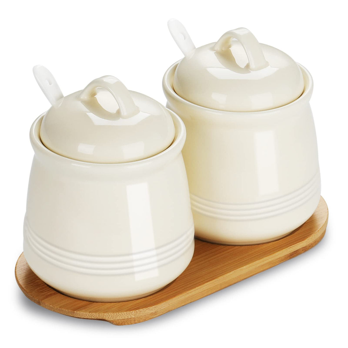 Porcelain Condiment Jars with Tray and Spoons, 12 oz, Set of 2