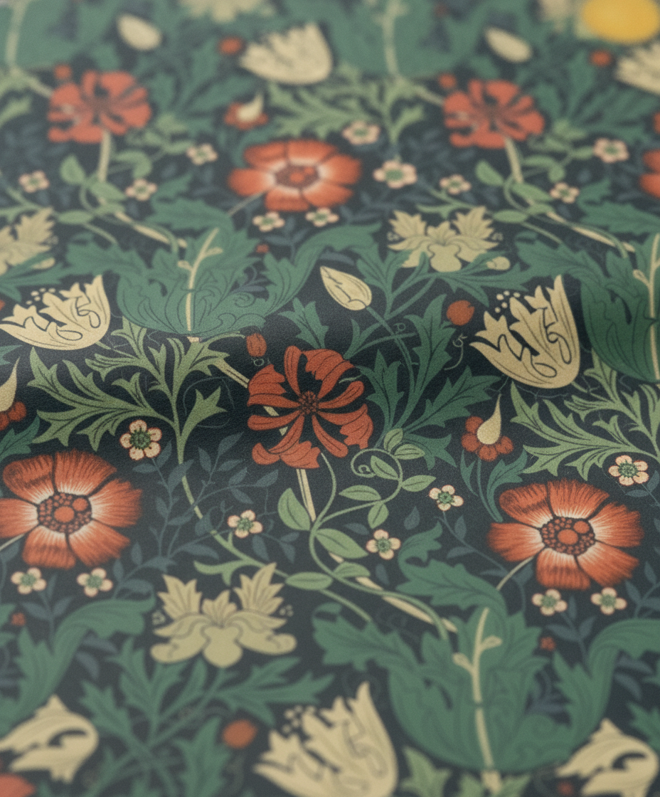 Macro close-up of retro botanical wrapping paper with flowers birds and lemons