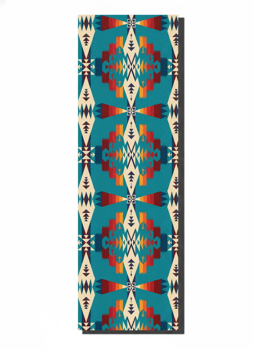 Turquoise yoga mat with bold southwestern Aztec geometric print in red, orange and cream