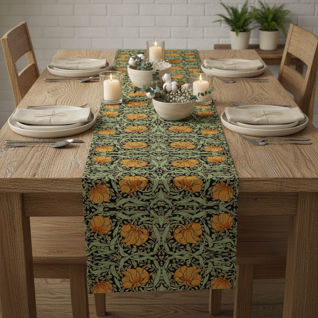 Sage green floral burlap runner styled down the center of a farmhouse dining table