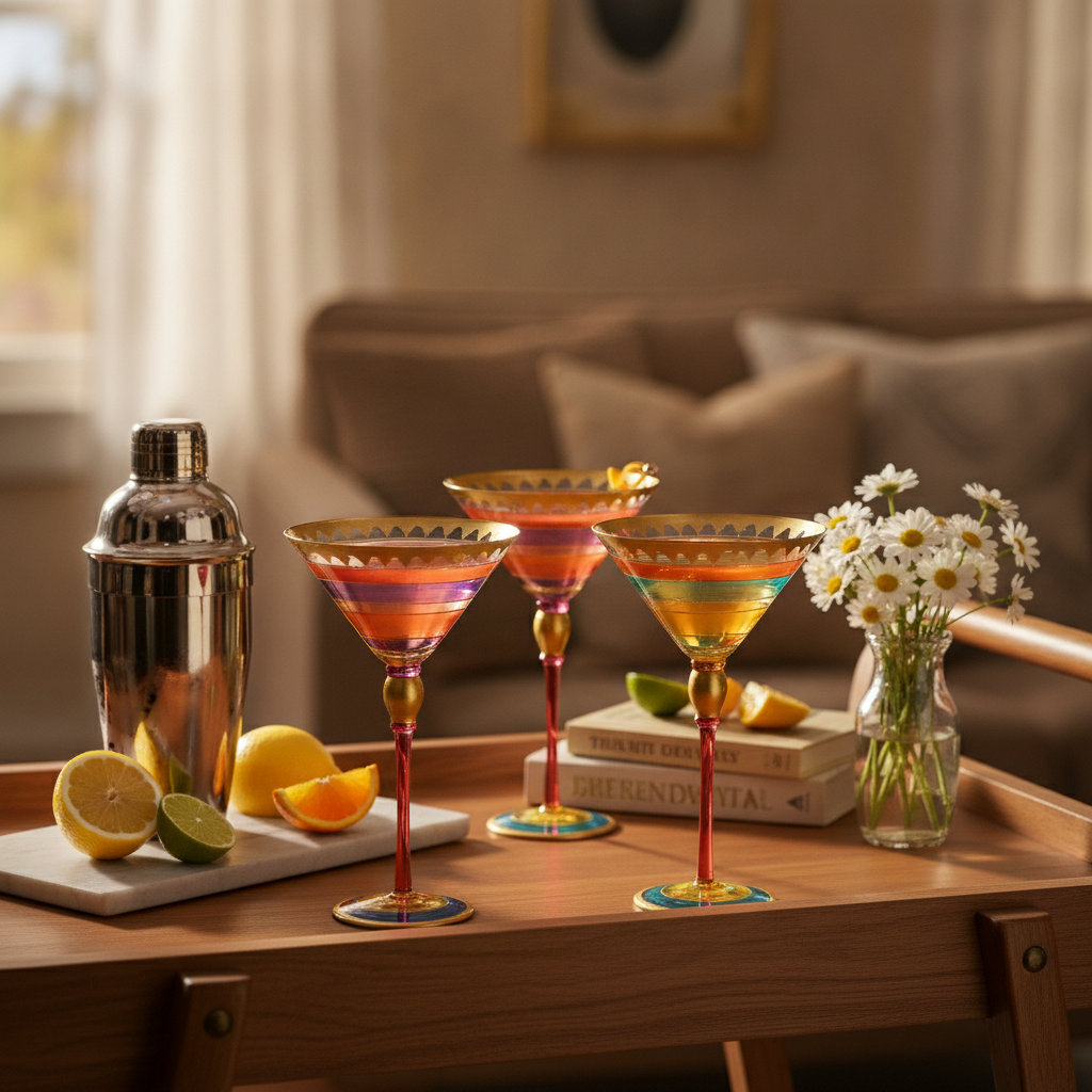 Hand-painted cocktail goblets on a home bar cart during cocktail hour