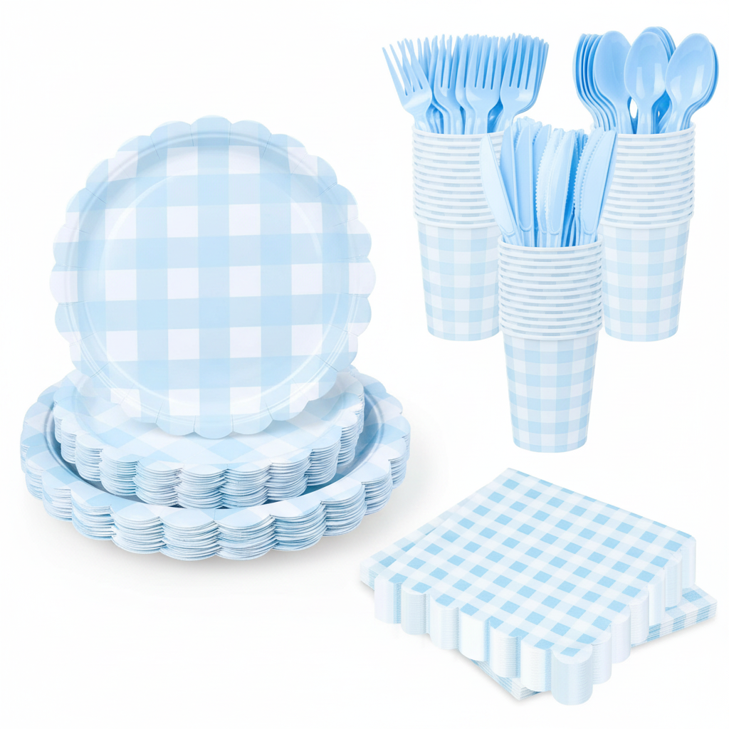 Blue gingham scalloped paper party tableware set for 25 guests on white background