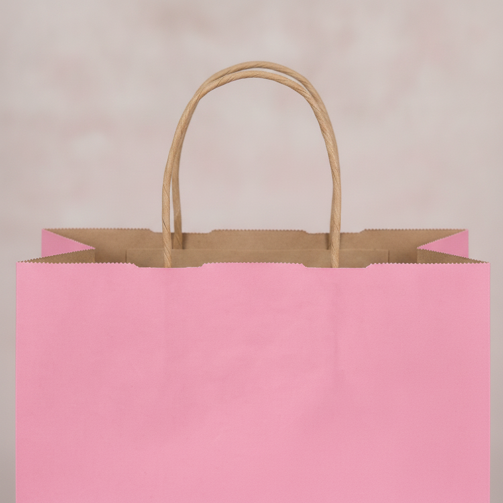 Macro detail of the twisted paper handle and matte kraft texture of a pink gift bag