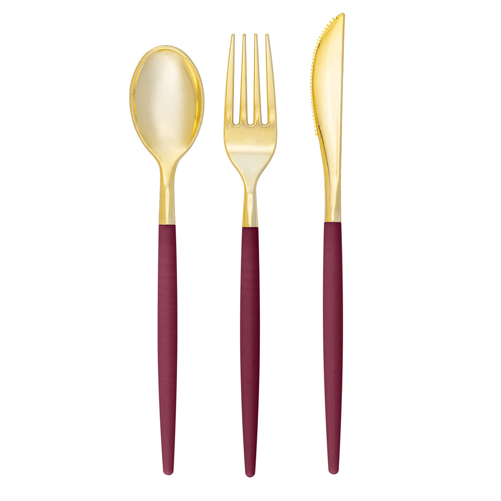 Two-Tone Cranberry and Gold Plastic Cutlery Set, 128 pc — view 2