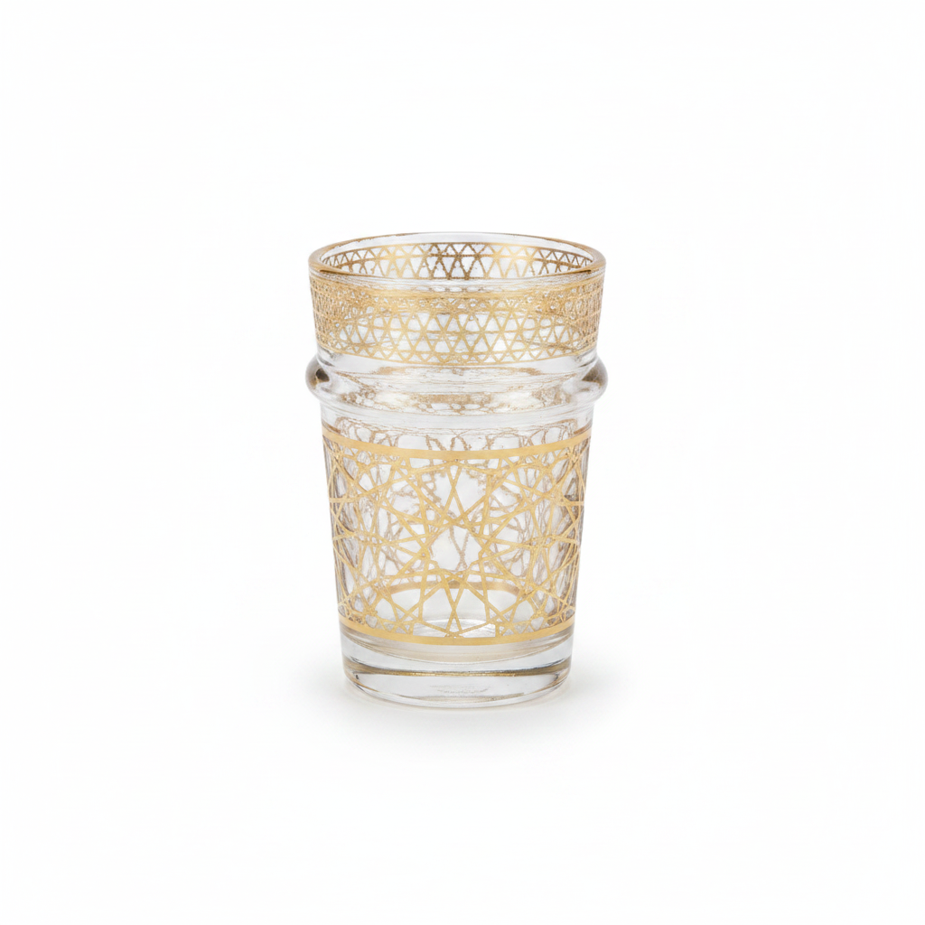 Zellige gold-filigree Moroccan tea glass with intricate gold lacework on a white background