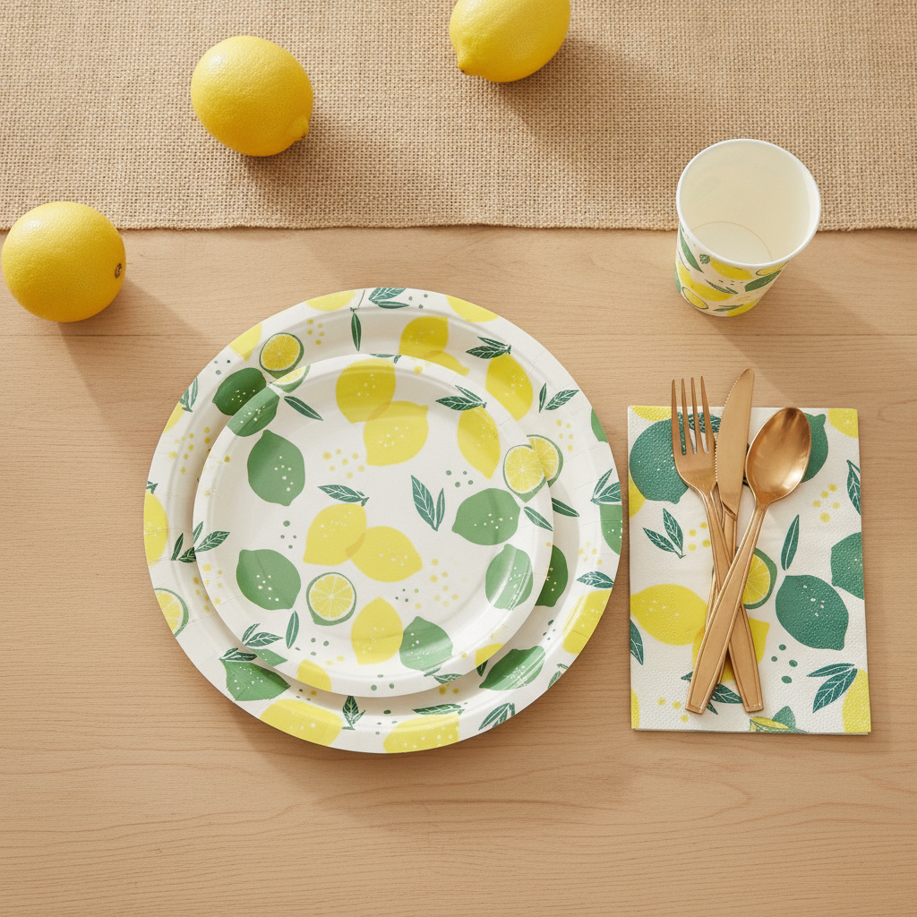 Overhead lemon-print paper party place setting with gold cutlery and fresh lemons