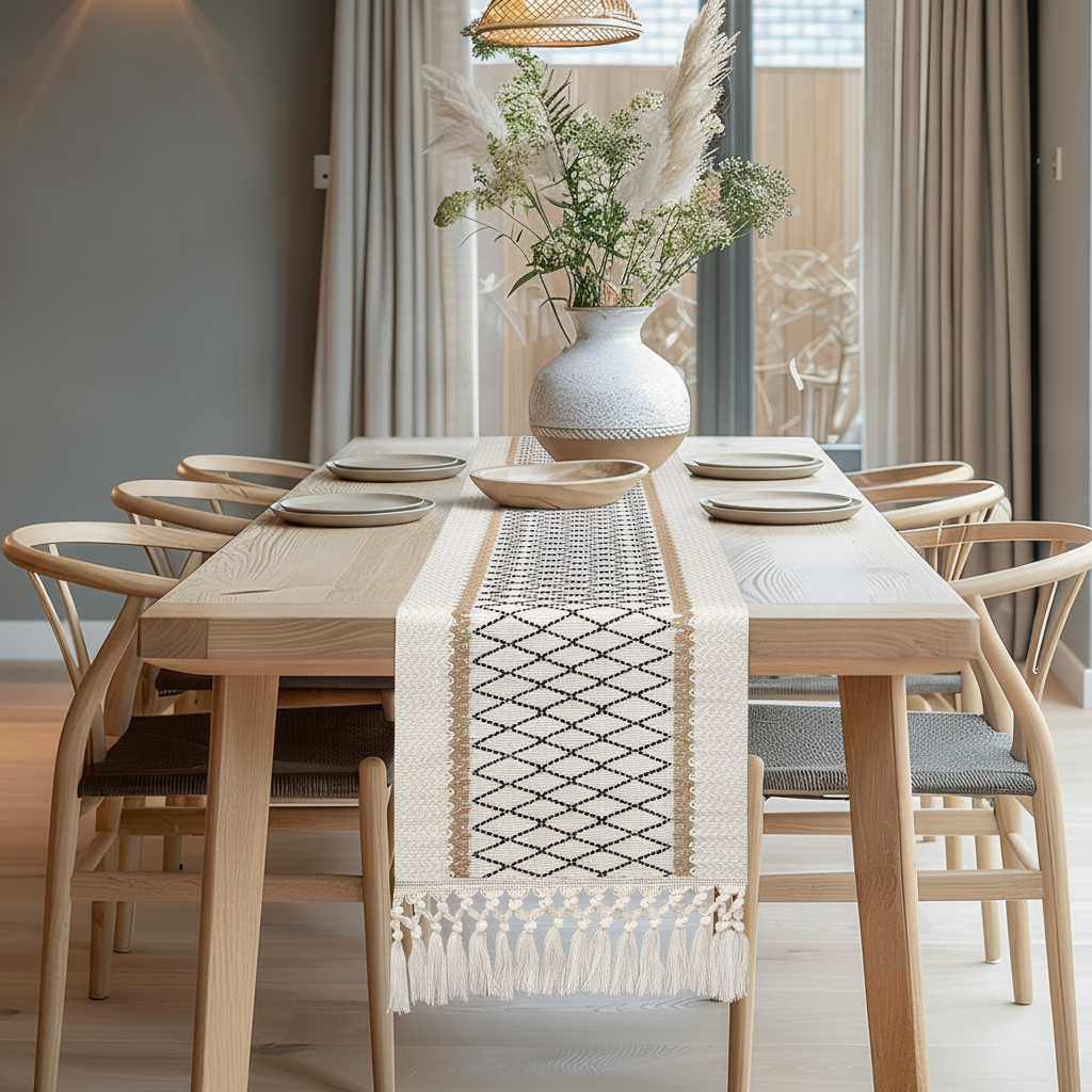 Boho table runner styled down a light wood dining table with pampas florals and neutral plates