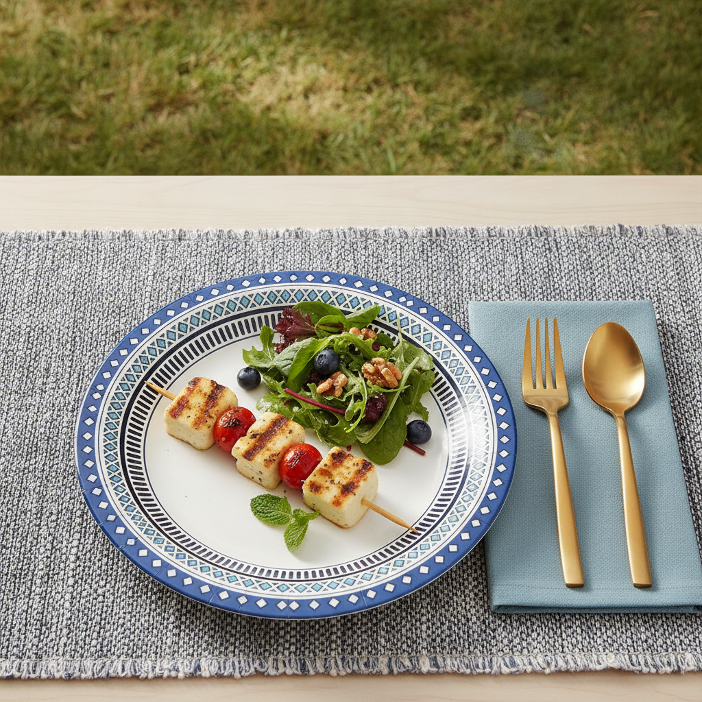 Blue-bordered paper plate with food and gold cutlery at an outdoor dinner