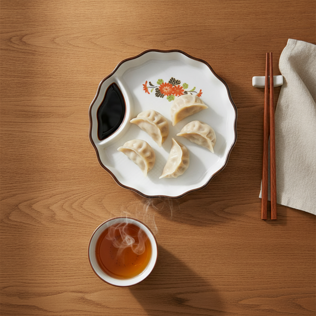 Ceramic snack plate set with dumplings and soy sauce in the dipping well