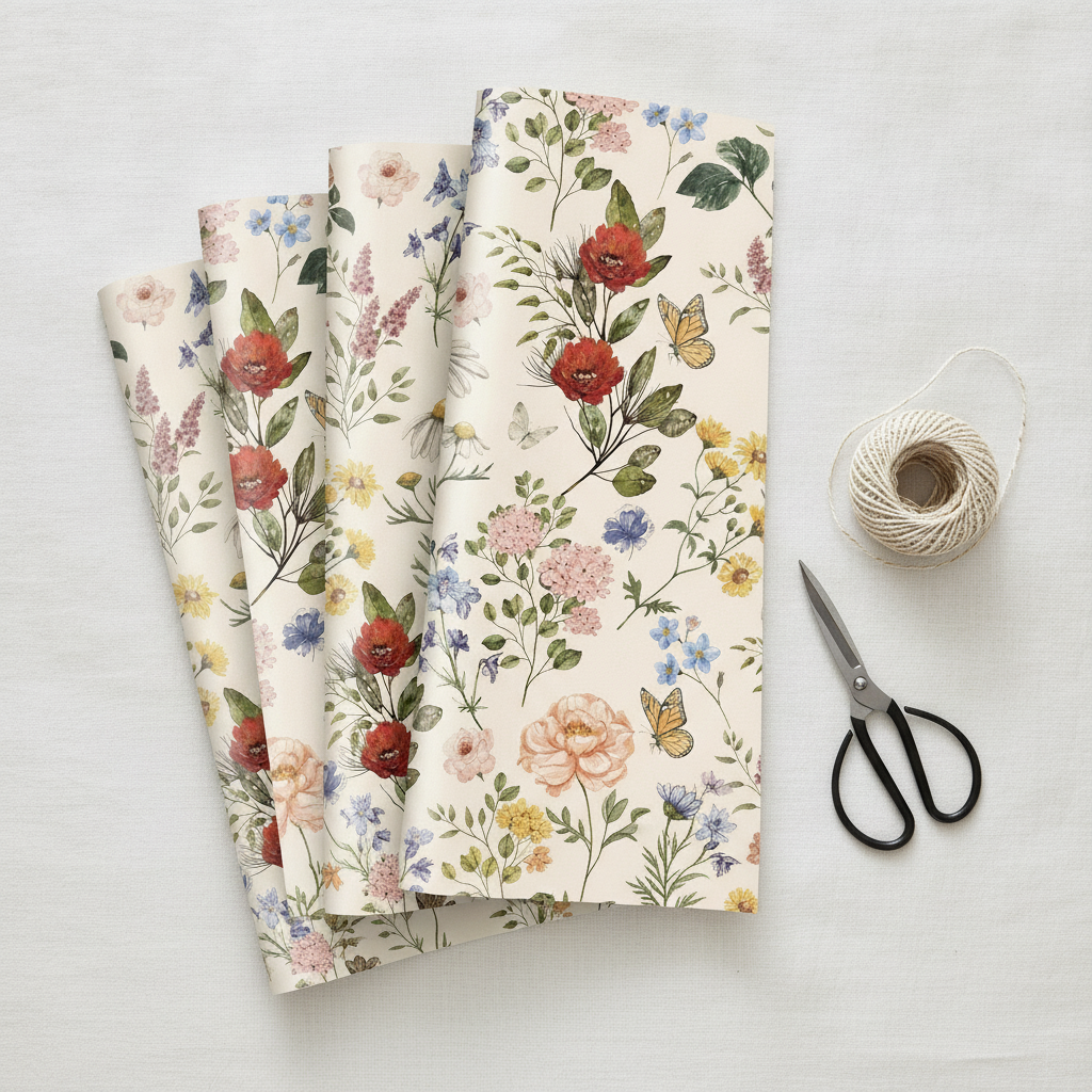 Overhead flat-lay of vintage wildflower wrapping sheets with scissors and twine